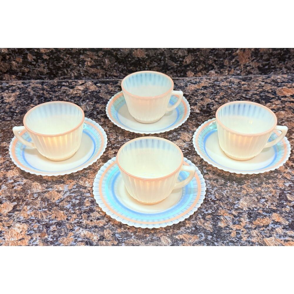 MacBeth-Evans Cremax Monax Pastel Bands Petalware Cup & Saucer 8 Pc 1930s